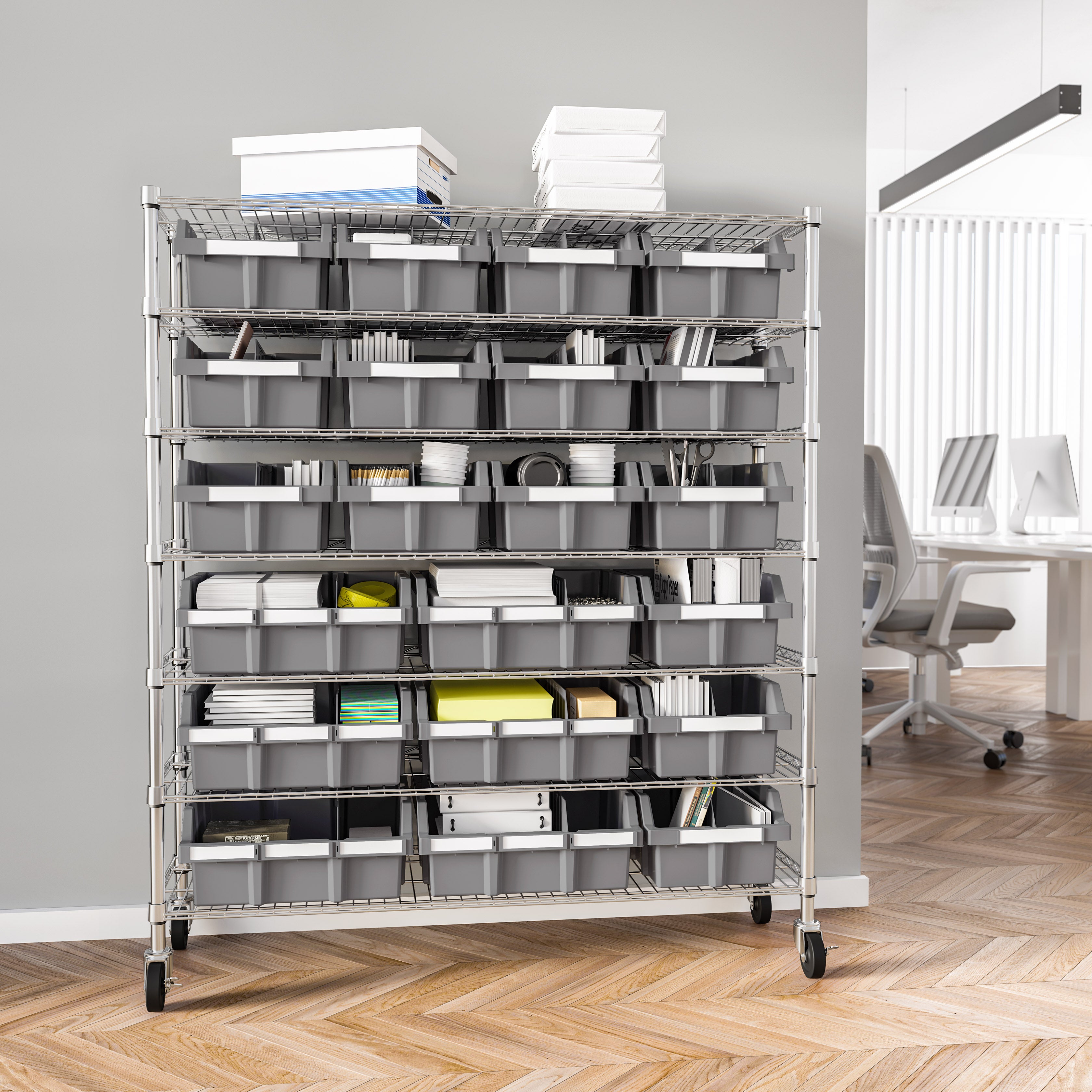 Seville Classics scaffale 7 ripiani 21 box ruote 48x14 grigio