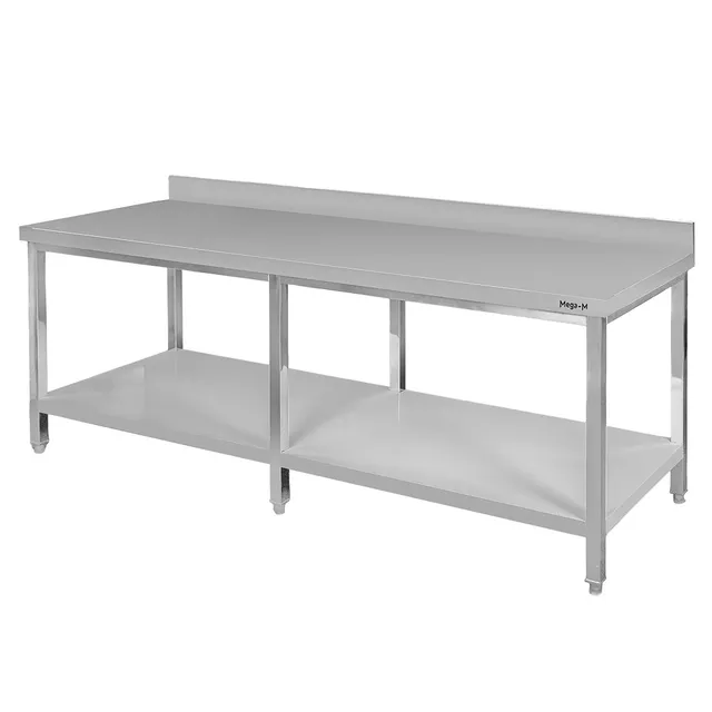 Mega-M tavolo inox a muro 220x70x85 cm 6 gambe con ripiano