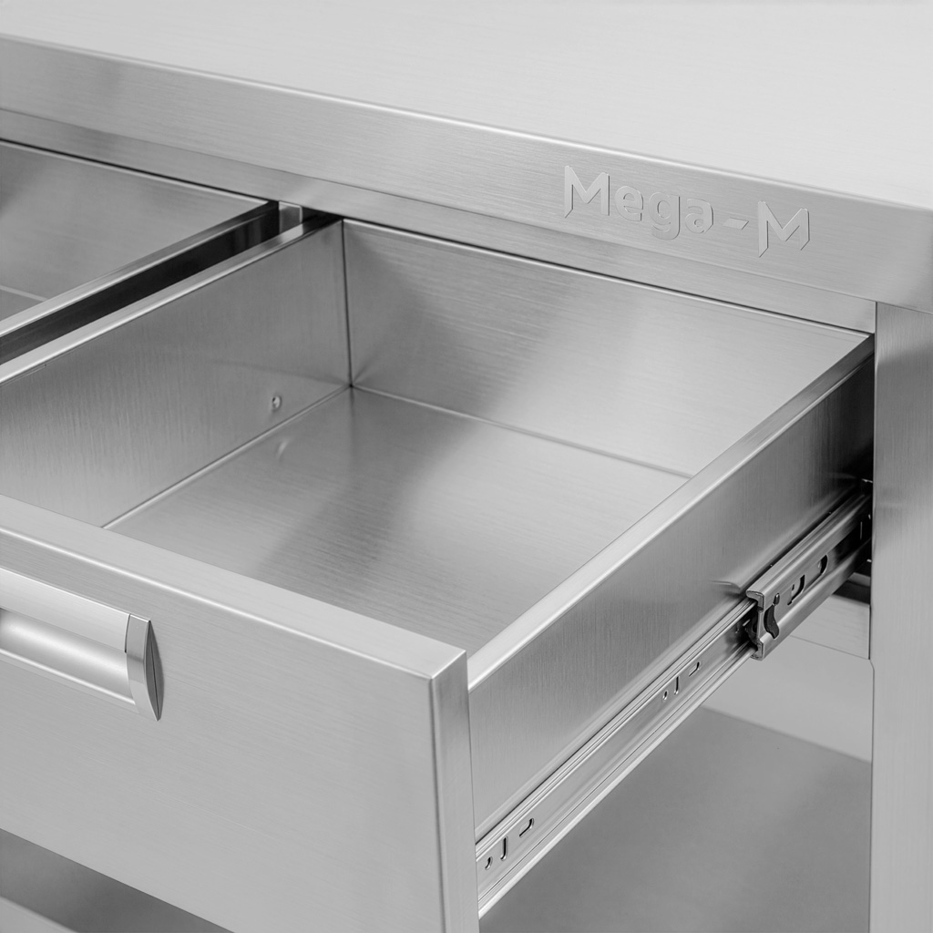 Mega-M X 120x70x85 tavolo inox parete 3 cassetti 1 ripiano