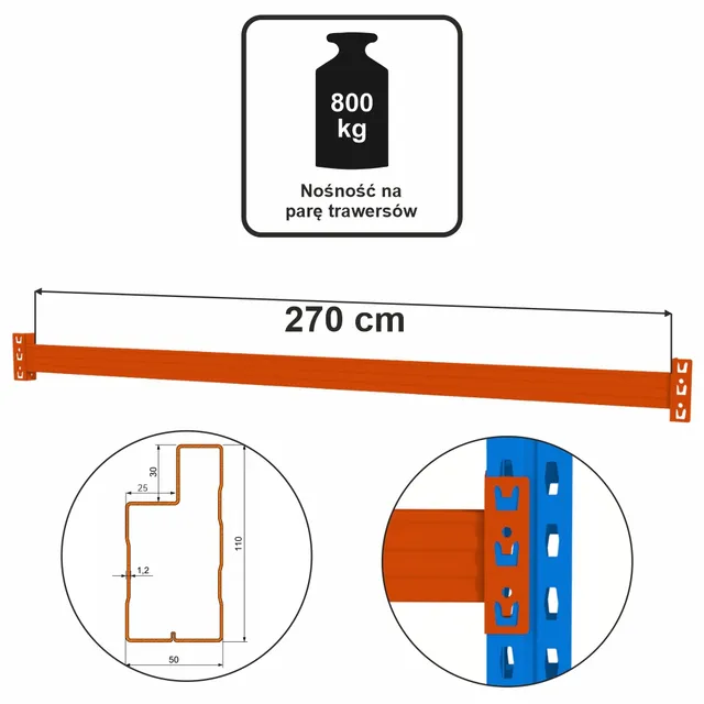 Mega-M XR traversa scaffale 270 cm 11x5 cm 800 kg arancione