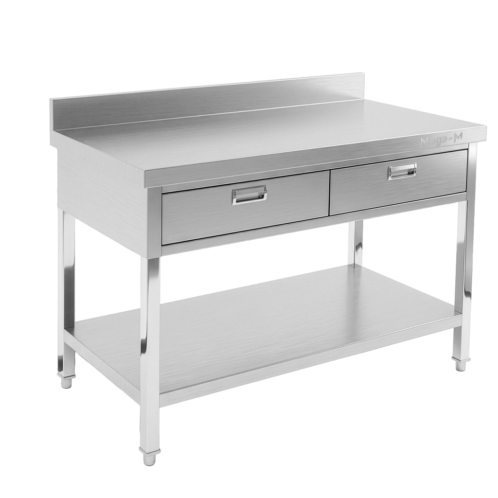 Mega-M X tavolo acciaio 120x60x85 parete 2 cassetti ripiano