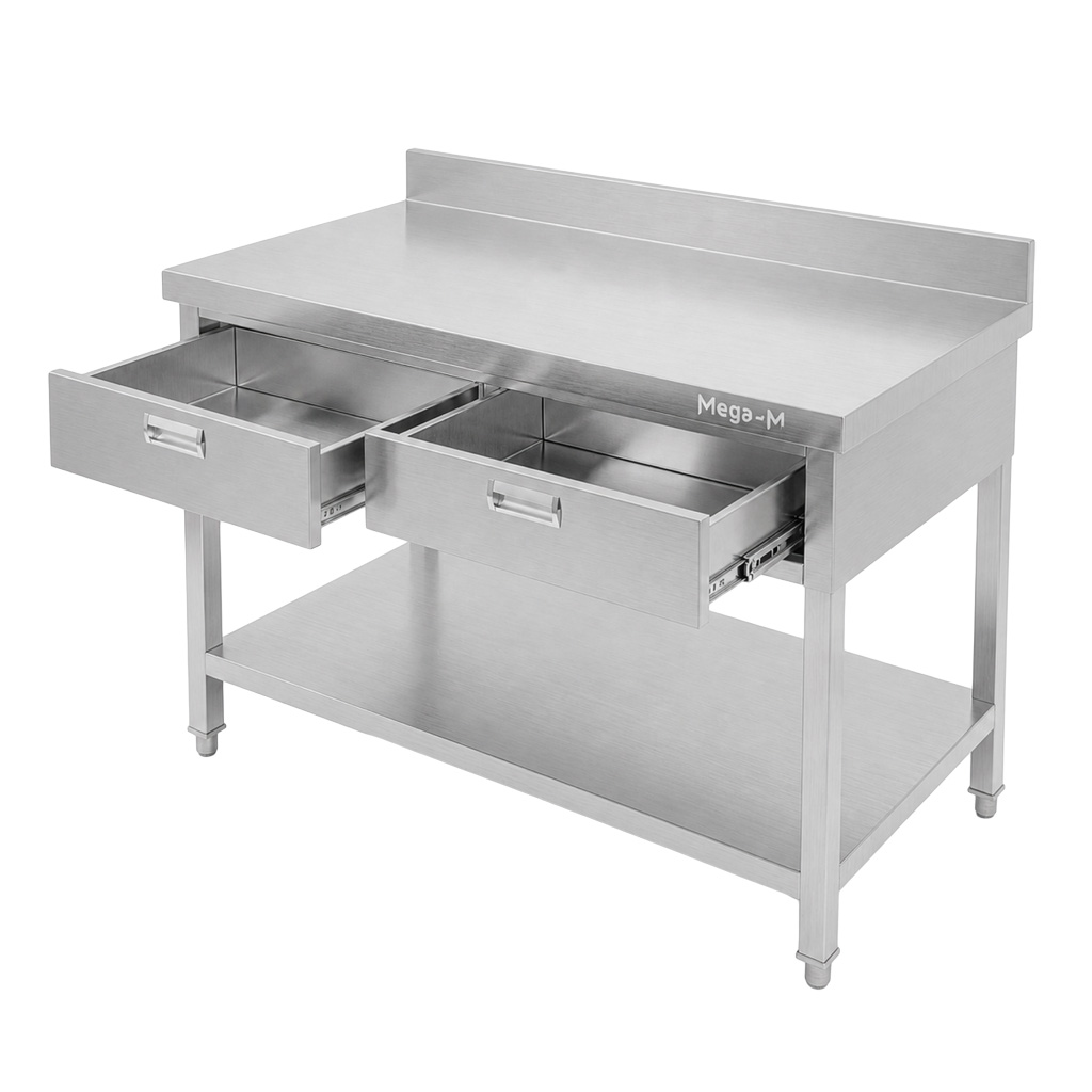 Mega-M X tavolo inox 100x70x85 cm 2 cassetti ripiano