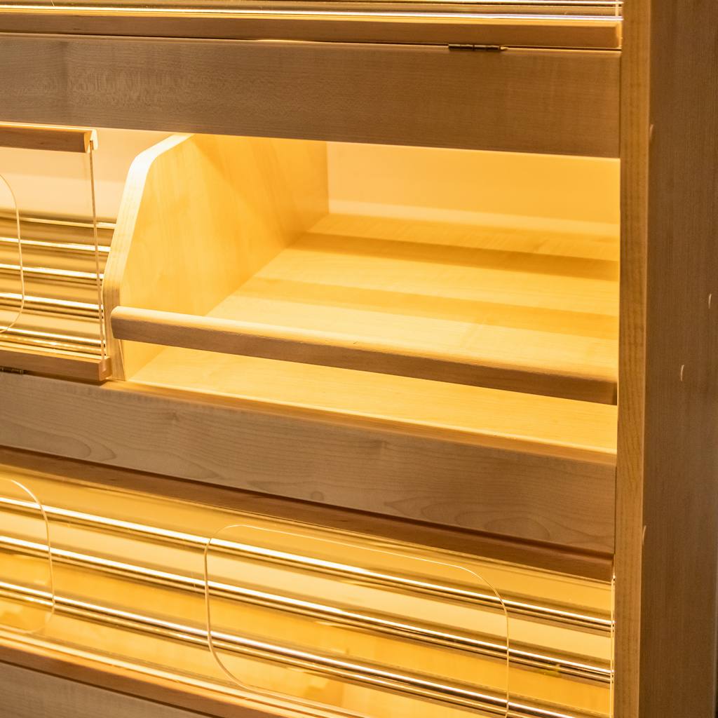 Scaffale pane 125x60x180 legno plexi LED acero chiaro