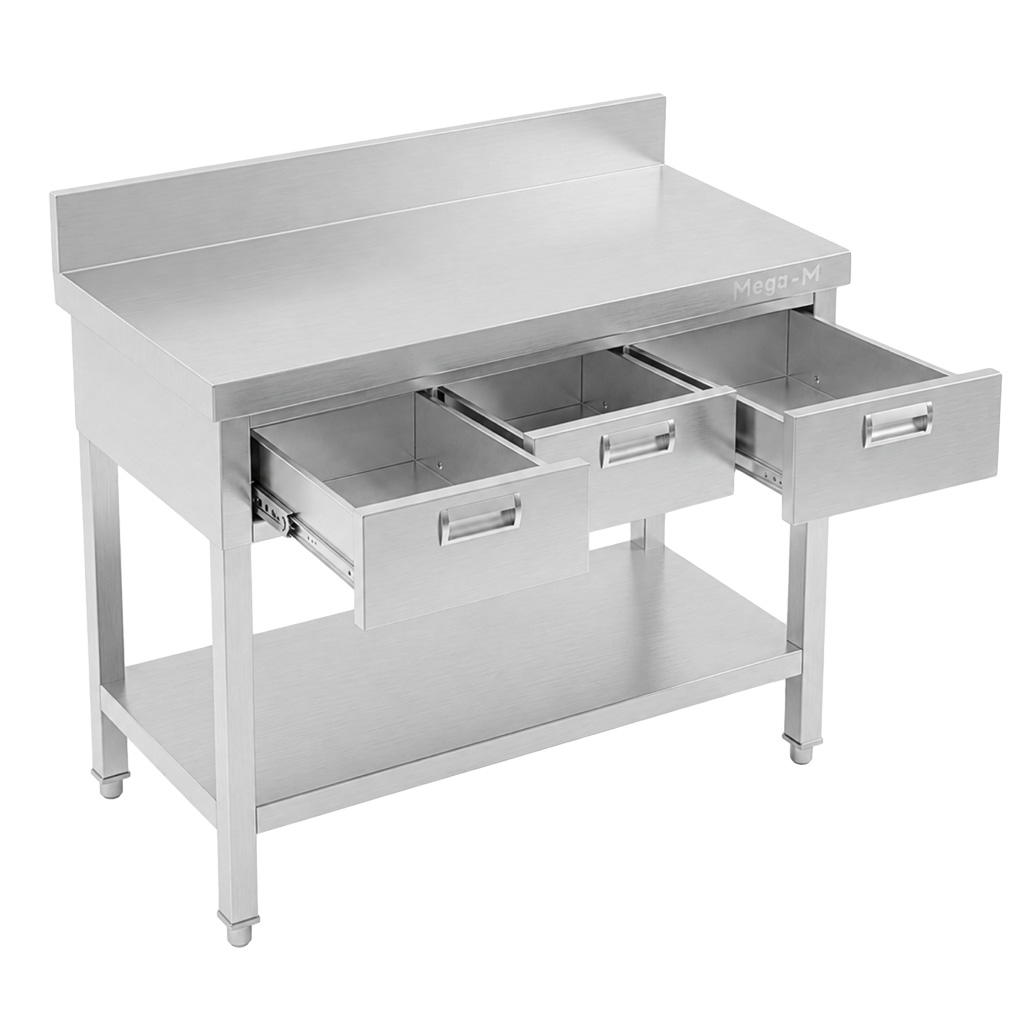 Mega-M X tavolo inox 100x60x85 cm 3 cassetti alzatina
