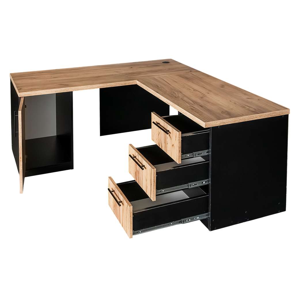 Mega-M L-160 scrivania angolare rovere kraft nero con cassetti