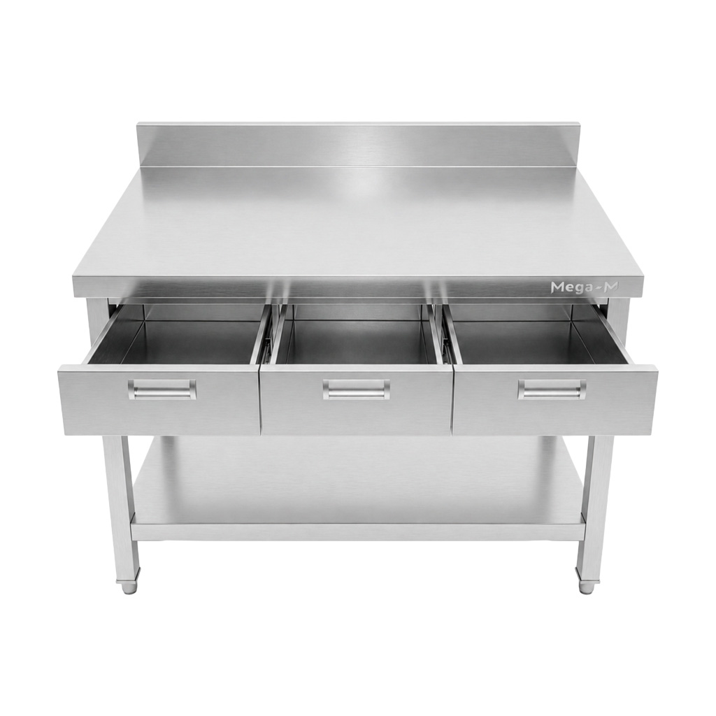 Mega-M X tavolo inox 100x60x85 cm 3 cassetti alzatina