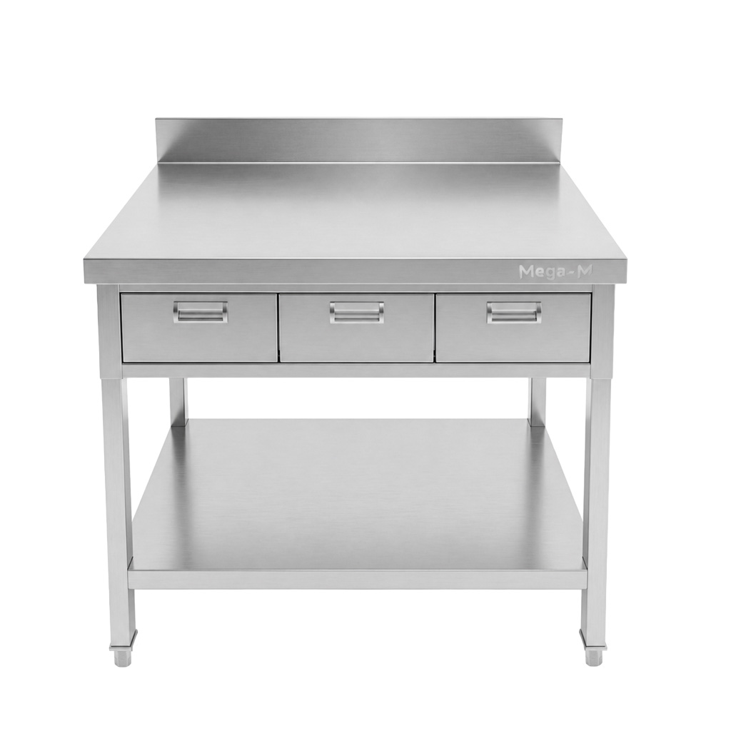Mega-M X tavolo inox 100x60x85 cm 3 cassetti alzatina
