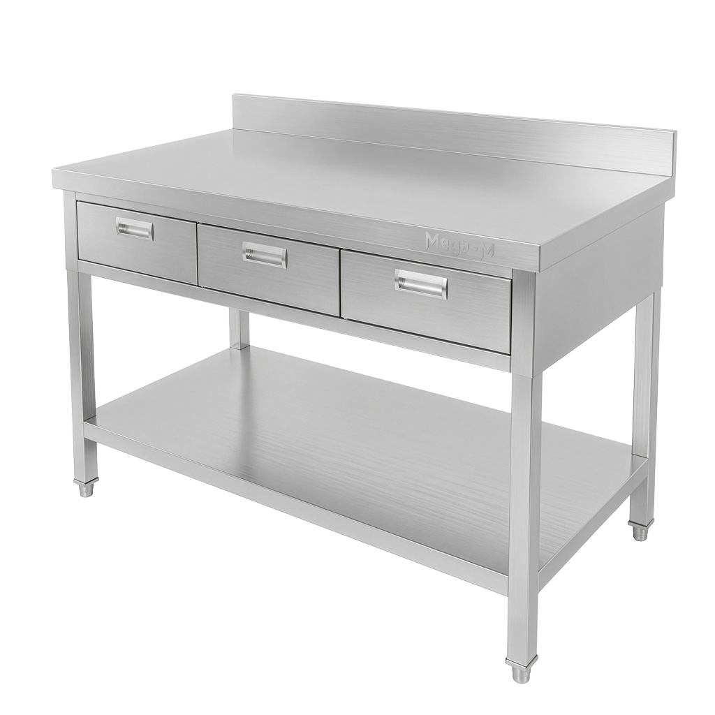 Mega-M X 120x60x85 Tavolo Inox a Parete con 3 Cassetti
