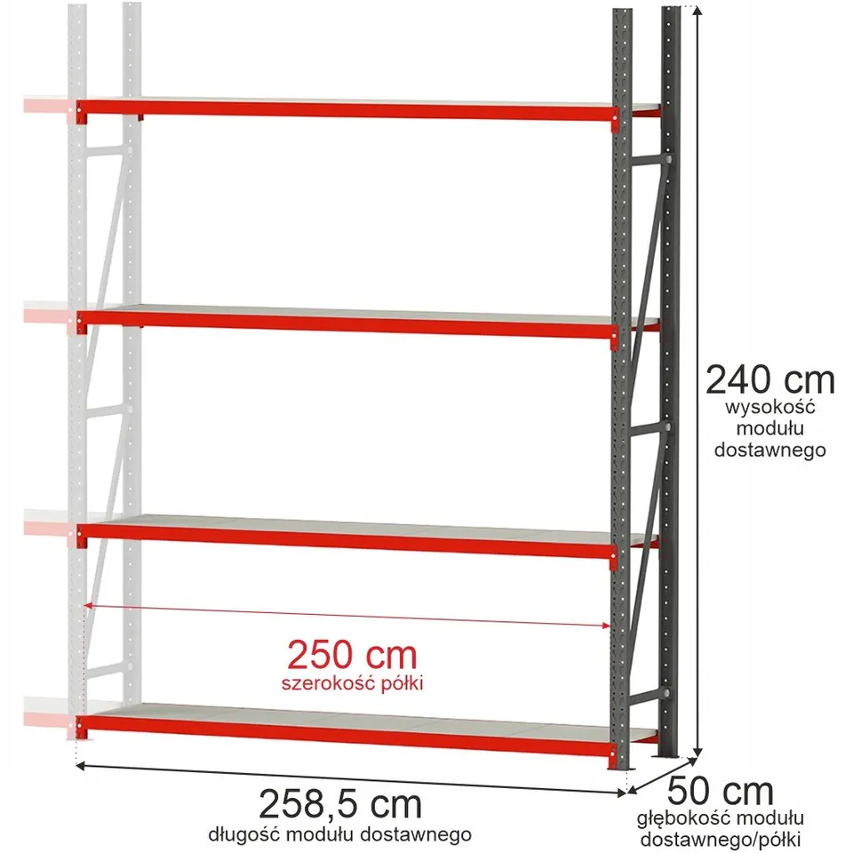 Mega-M Fortis Scaffale metallo 4 ripiani H240 L258,5 P50 agg.