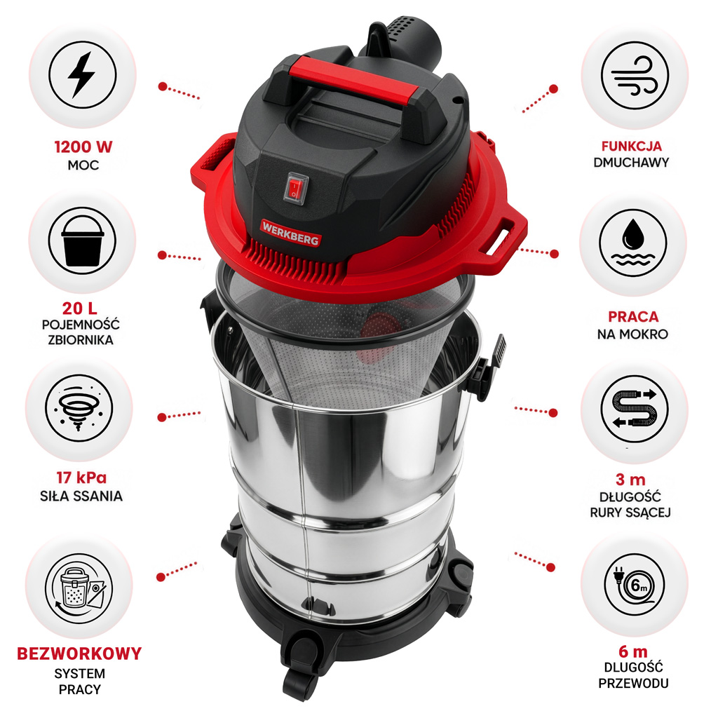 Werkberg ODKTB102 Aspirapolvere Industriale 20L 1200W Wet&Dry