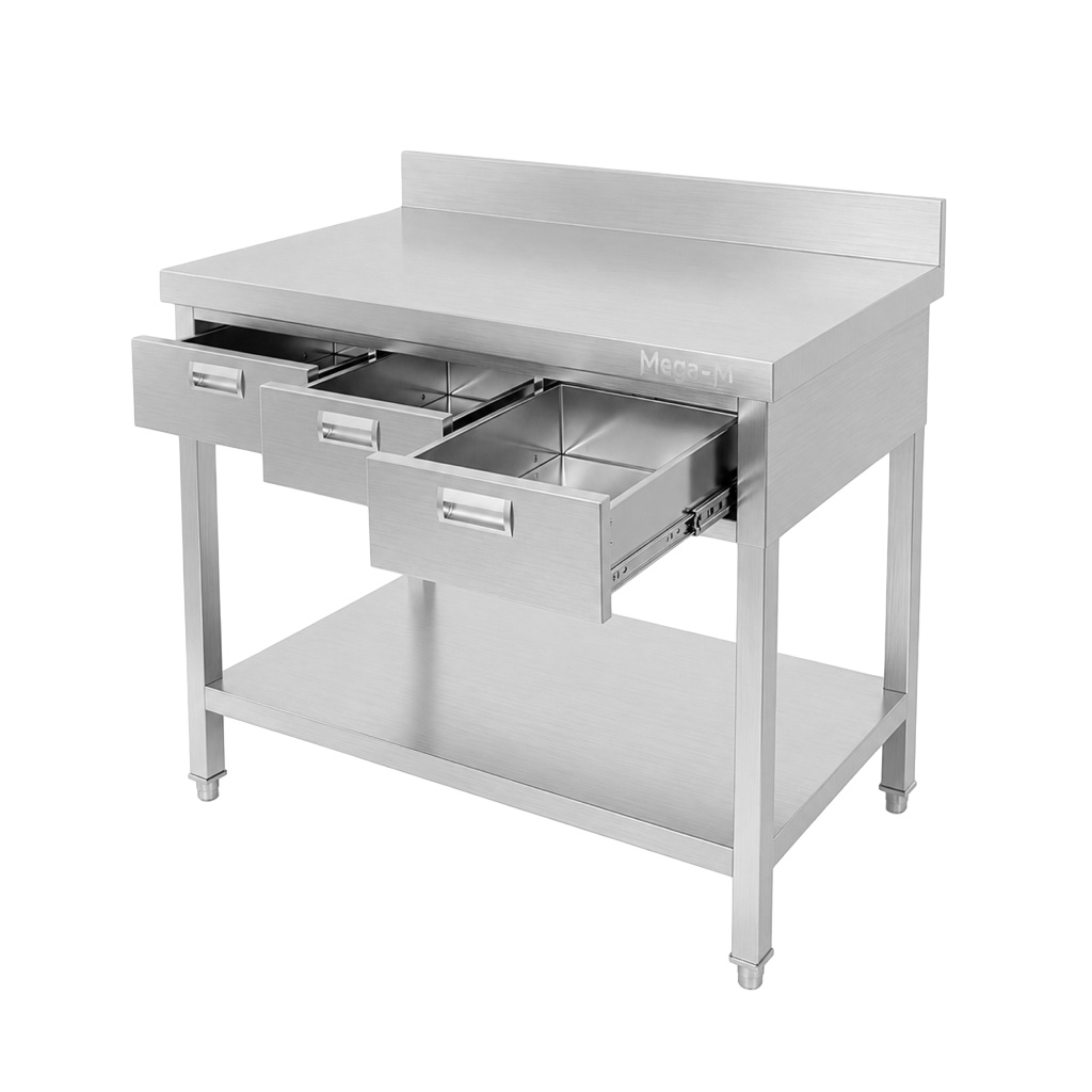 Mega-M X tavolo inox 100x60x85 cm 3 cassetti alzatina