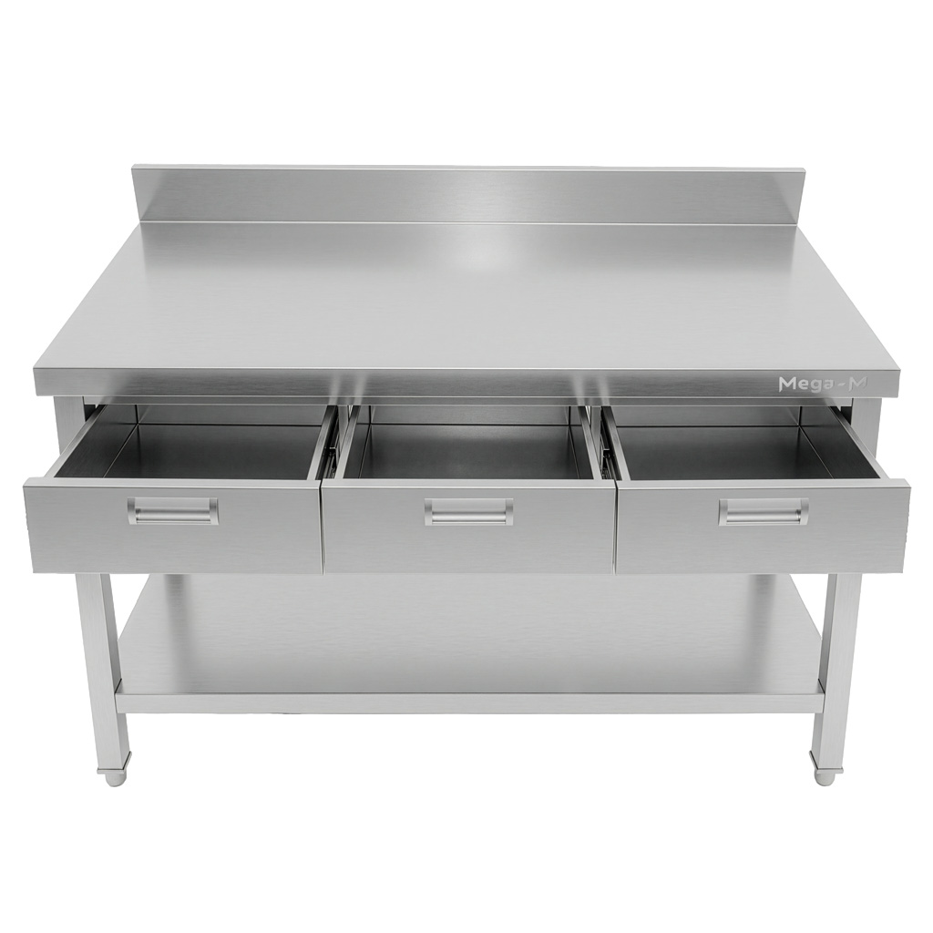 Mega-M X 120x60x85 Tavolo Inox a Parete con 3 Cassetti