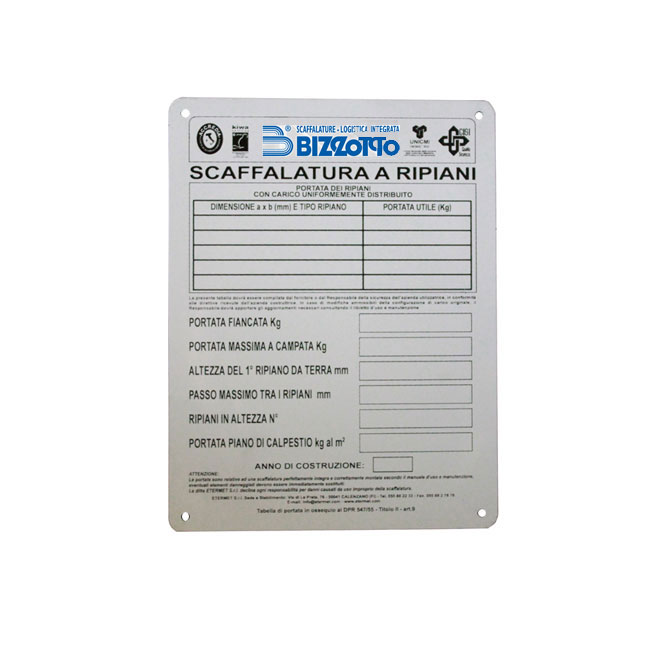 Agosistem Bizzotto Tabella di Portata PVC A4 21x30 cm