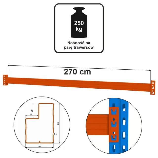 Mega-M XR L-270 cm traversa scaffale arancione 250 kg