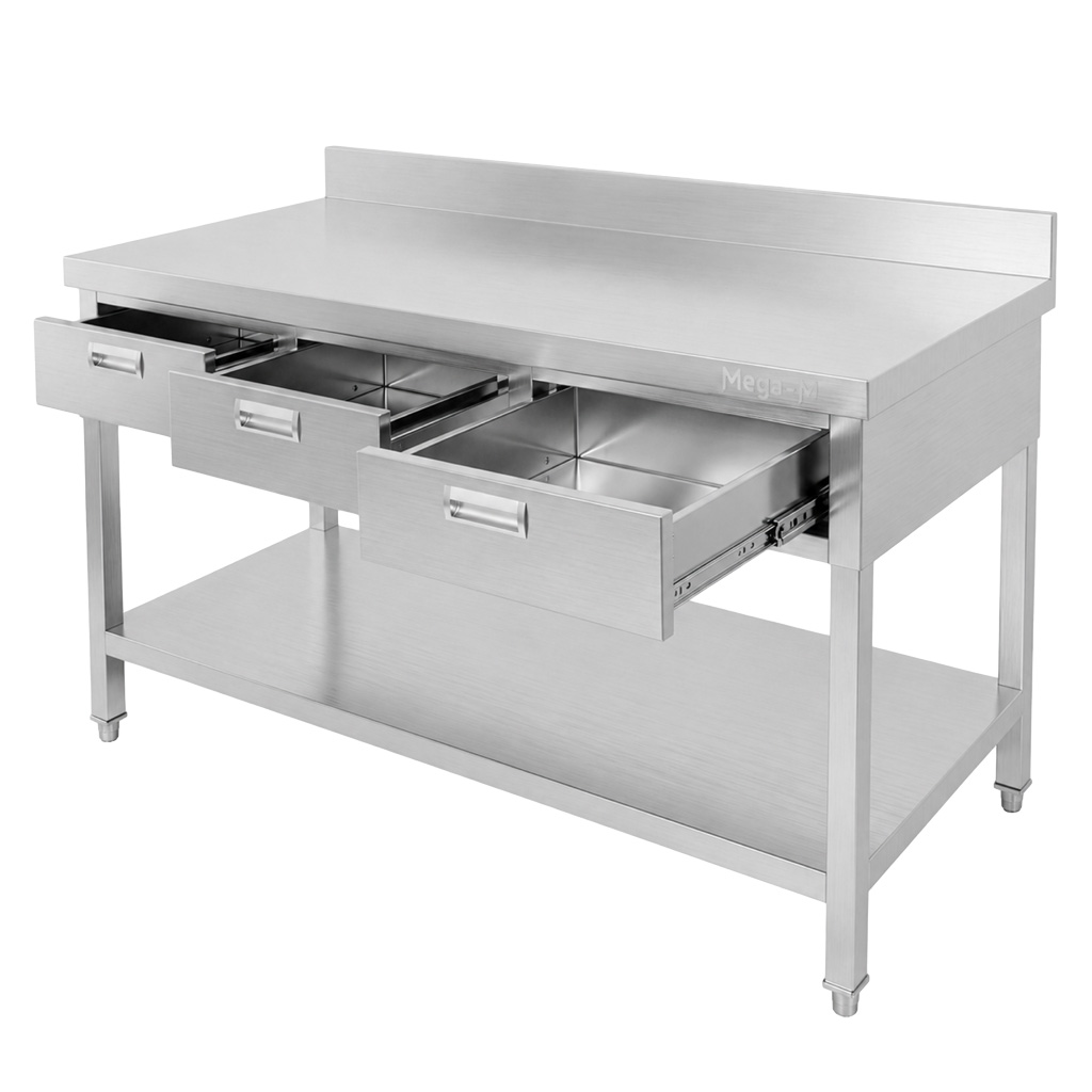Mega-M X 120x70x85 tavolo inox parete 3 cassetti 1 ripiano
