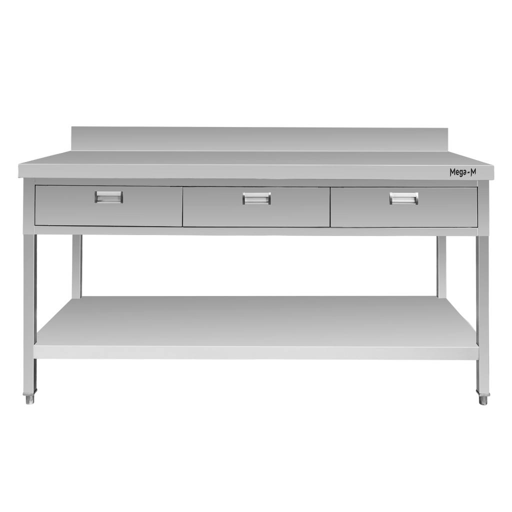 Mega-M tavolo inox a muro 150x70x85 cm con ripiano e 3 cassetti