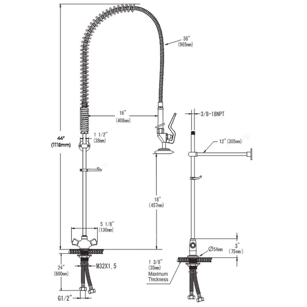 Mega-M batteria gastronomica con doccetta 116 cm ottone
