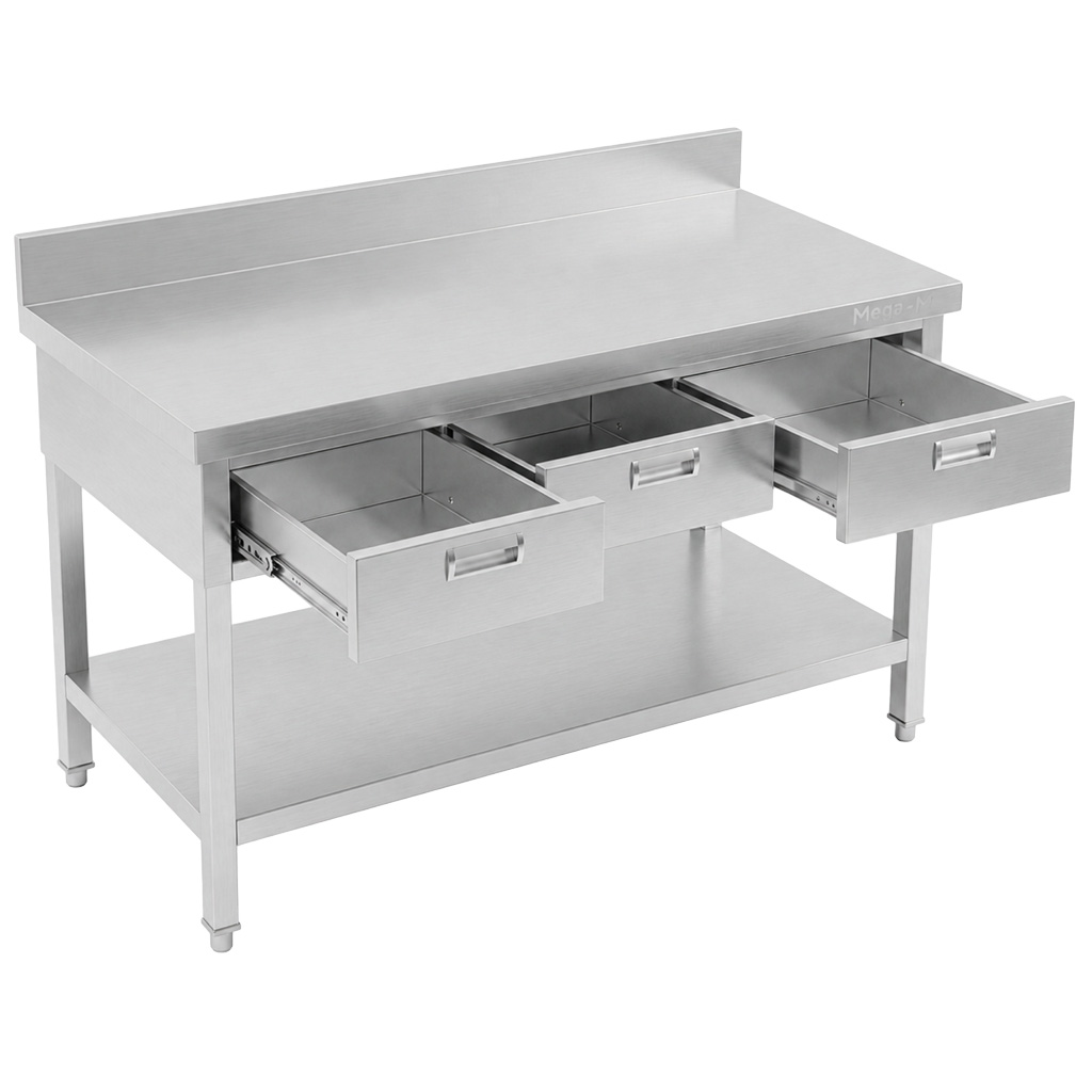 Mega-M X 120x70x85 tavolo inox parete 3 cassetti 1 ripiano