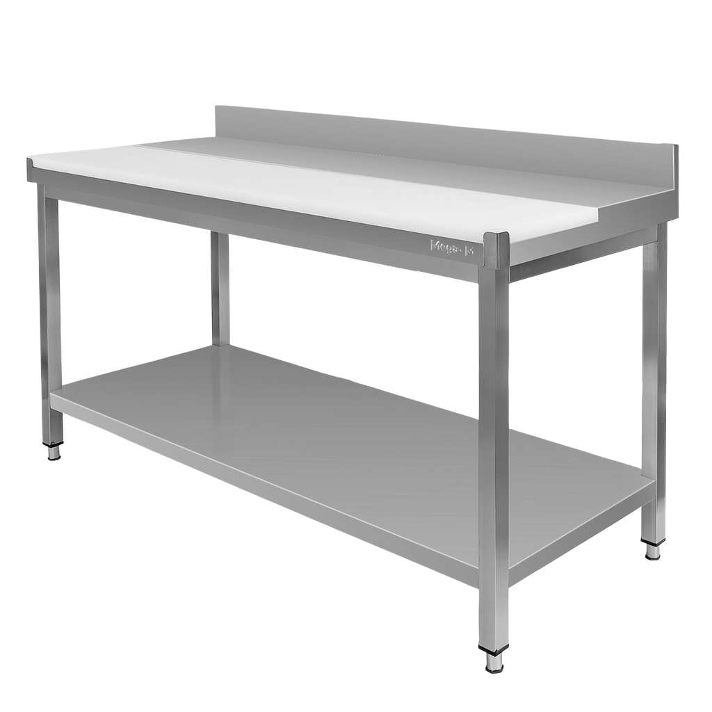 Mega-M tavolo inox 150x70x85cm con tagliere e ripiano