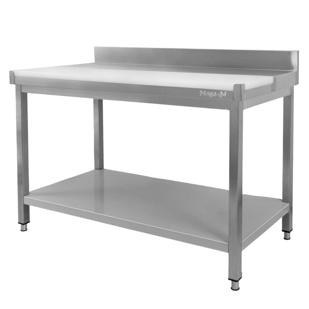 Mega-M Tavolo macelleria inox 120x70x85 cm tagliere e ripiano
