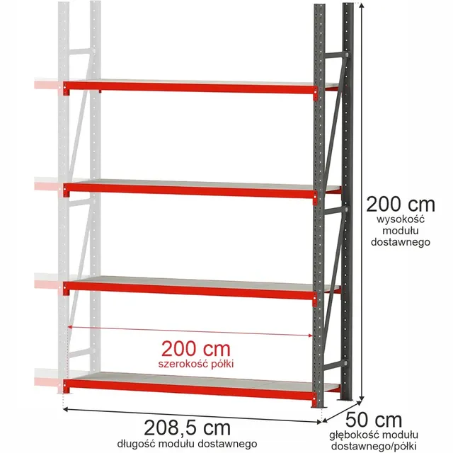 Mega-M Fortis H-200 L-208,5 G-50 cm scaffale 4 ripiani aggiuntivo