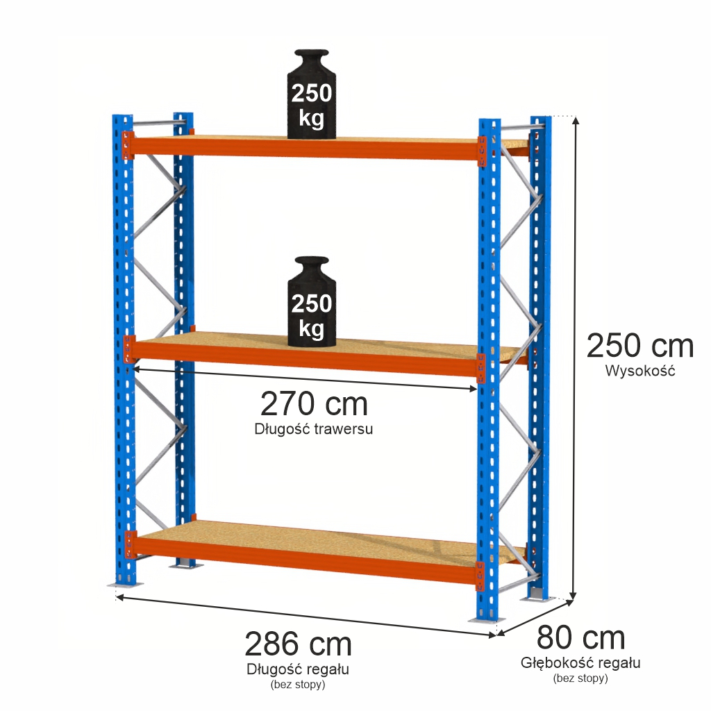 Mega-M XR scaffale 250x286x80 cm 3 ripiani 250 kg