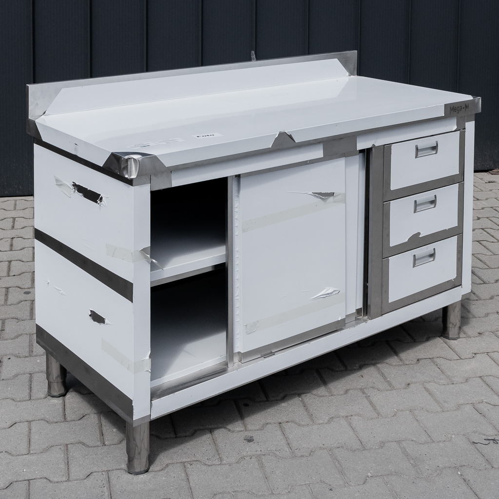 Mega-M tavolo inox 140x60x85 con armadio e 3 cassetti