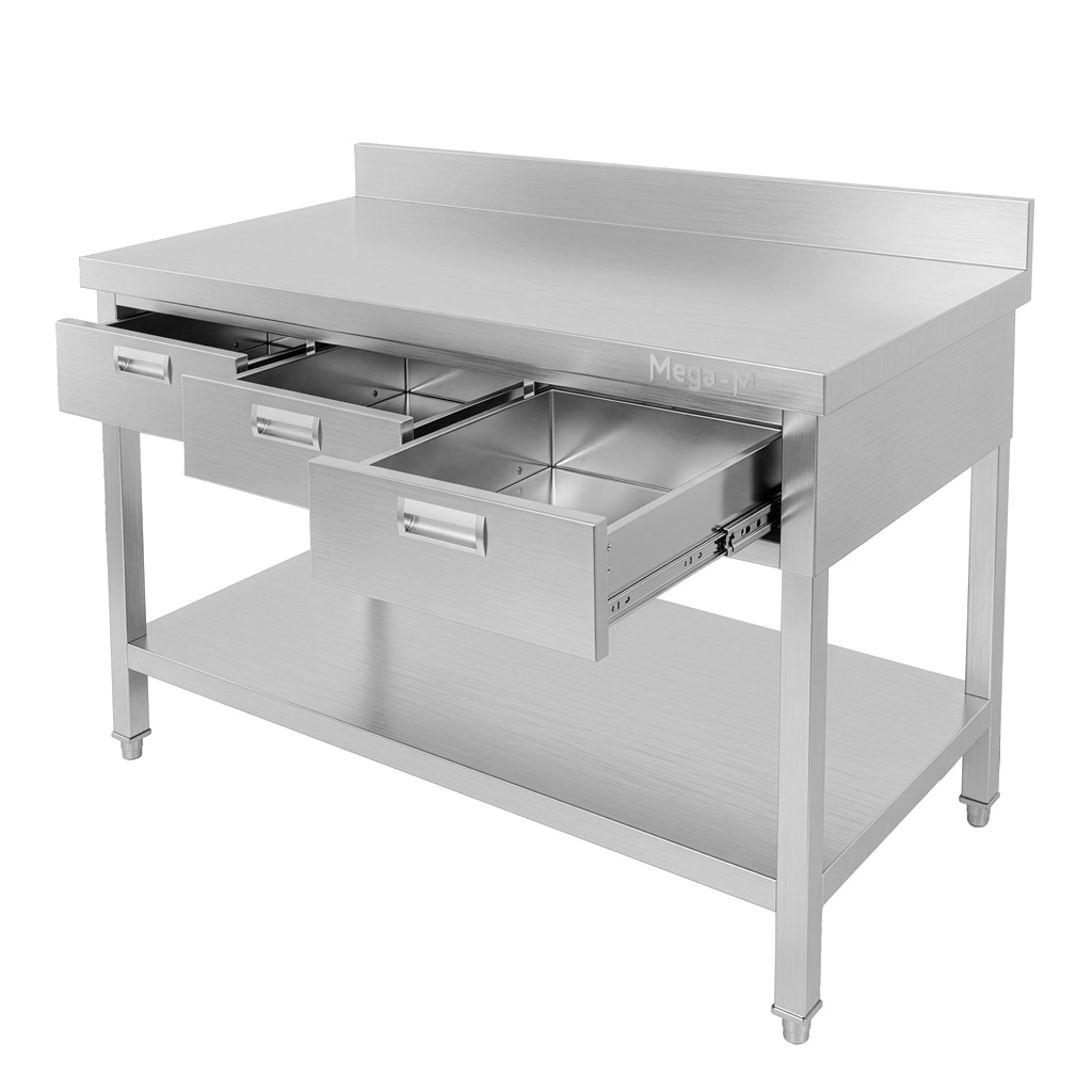 Mega-M X 120x60x85 Tavolo Inox a Parete con 3 Cassetti