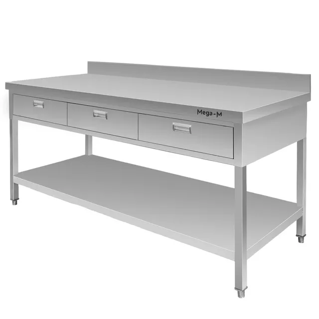 Mega-M tavolo inox 180x70x85 3 cassetti ripiano alzatina