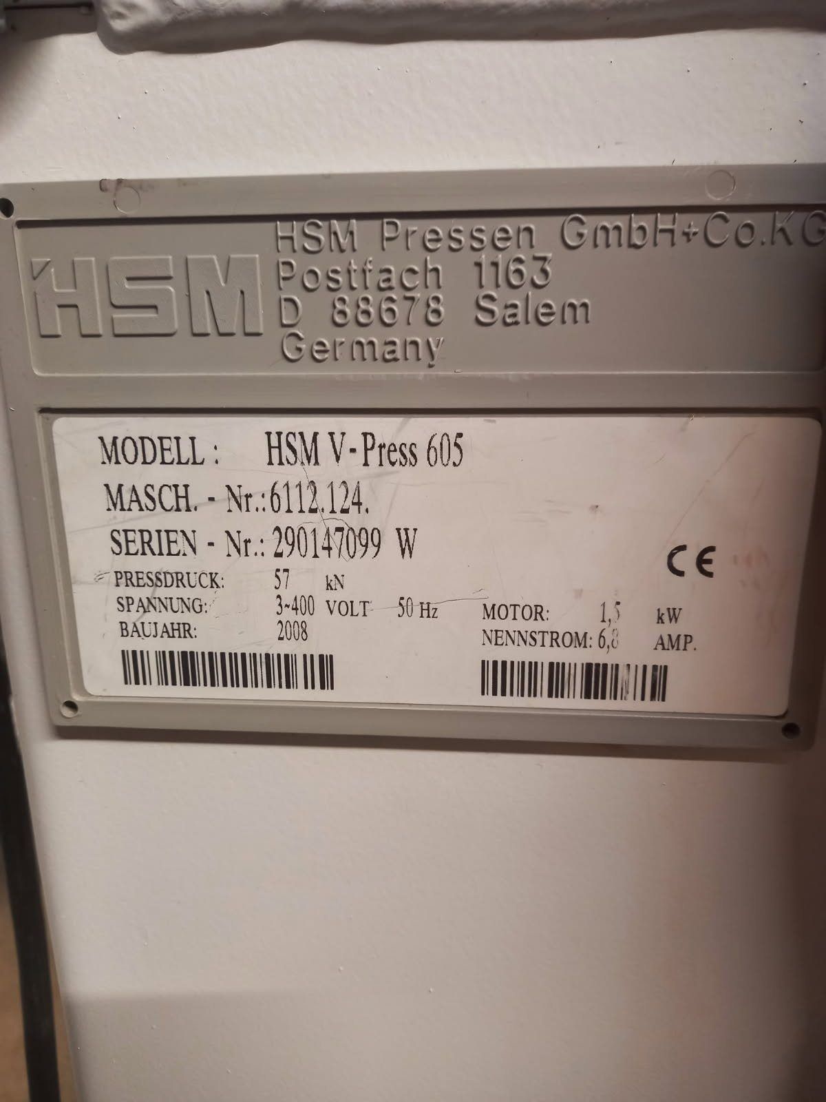 HSM V-Press 605 pressa balle 1,5 kW 400 V anno 2008