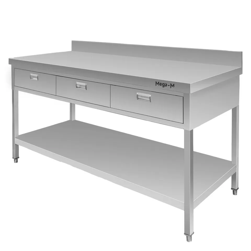 Mega-M tavolo inox a muro 150x70x85 cm con ripiano e 3 cassetti