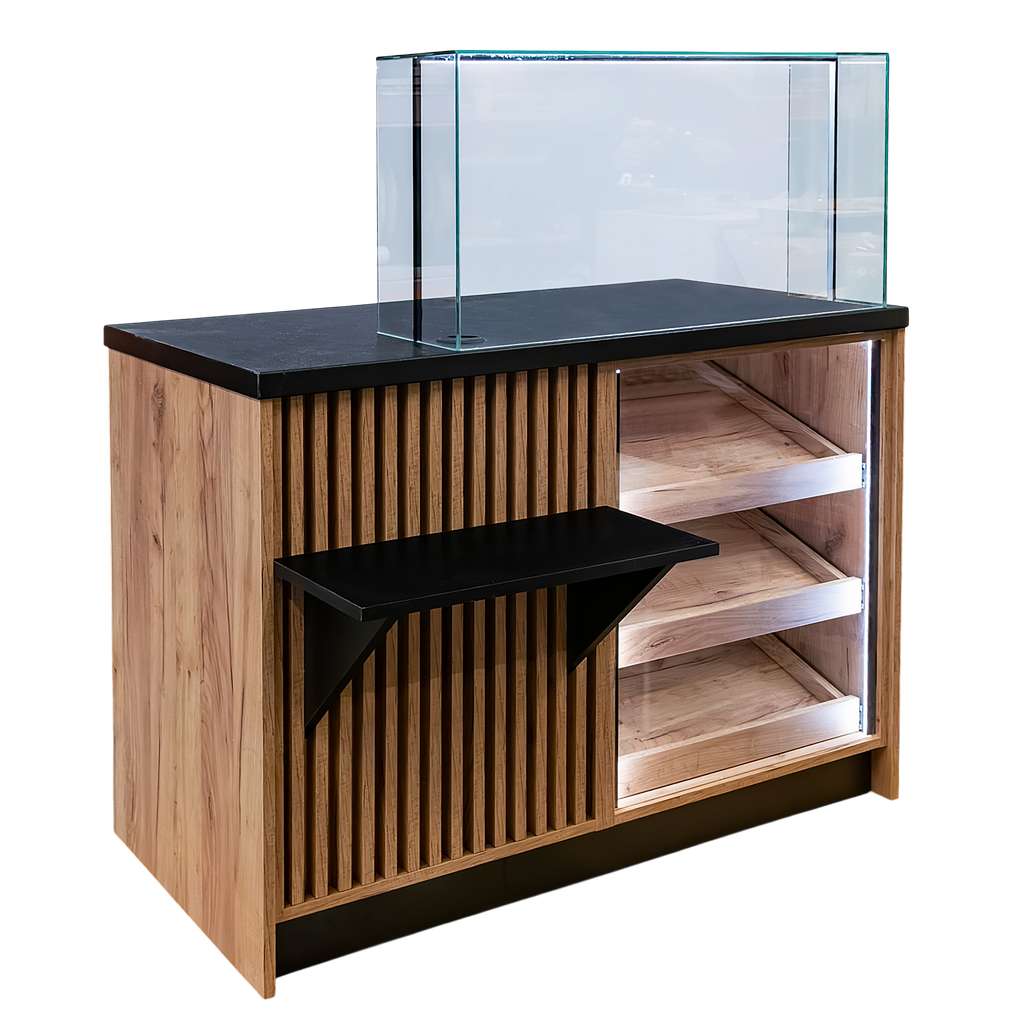 Mega-M banco cassa negozio 120x60x90 cm vetro LED rovere