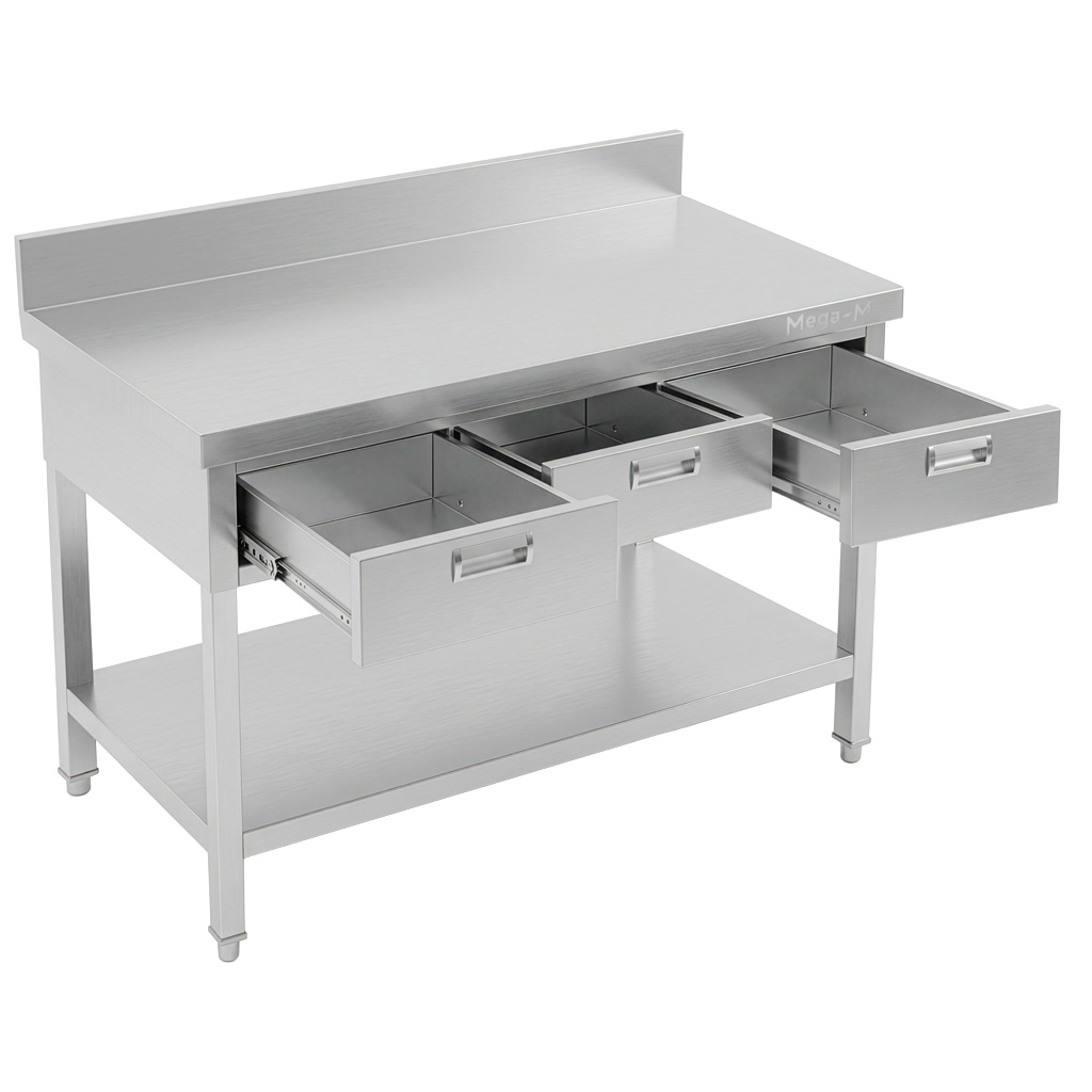 Mega-M X 120x60x85 Tavolo Inox a Parete con 3 Cassetti