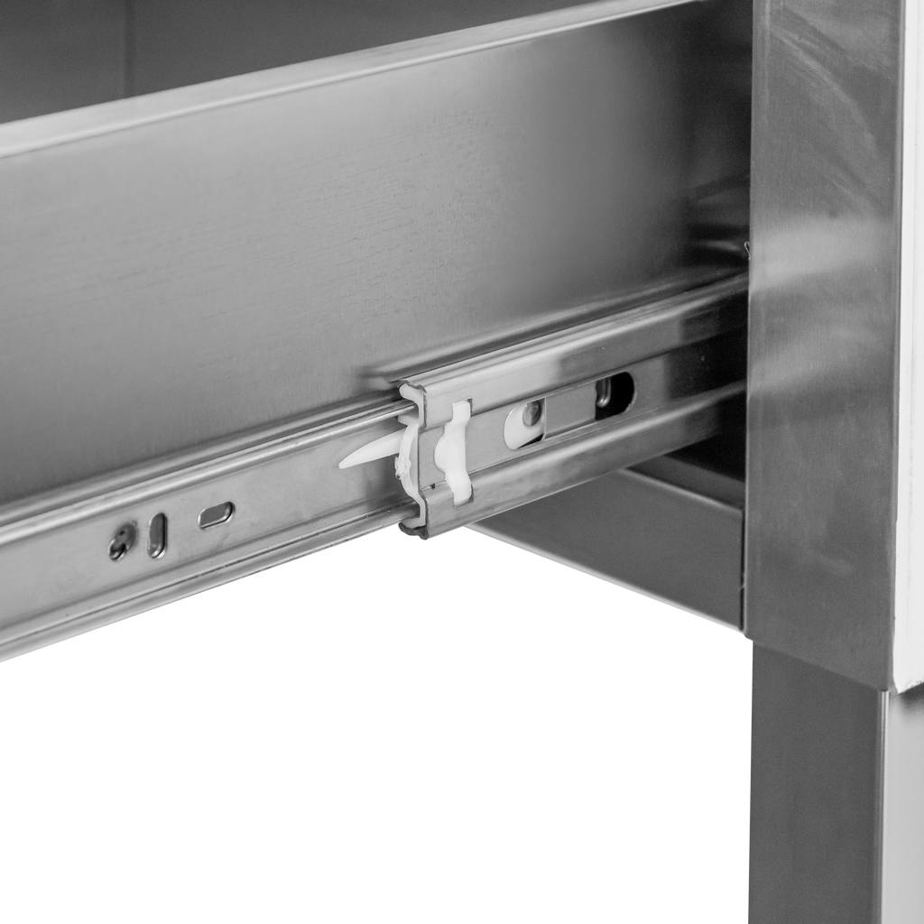 Mega-M tavolo inox a muro 150x70x85 cm con ripiano e 3 cassetti