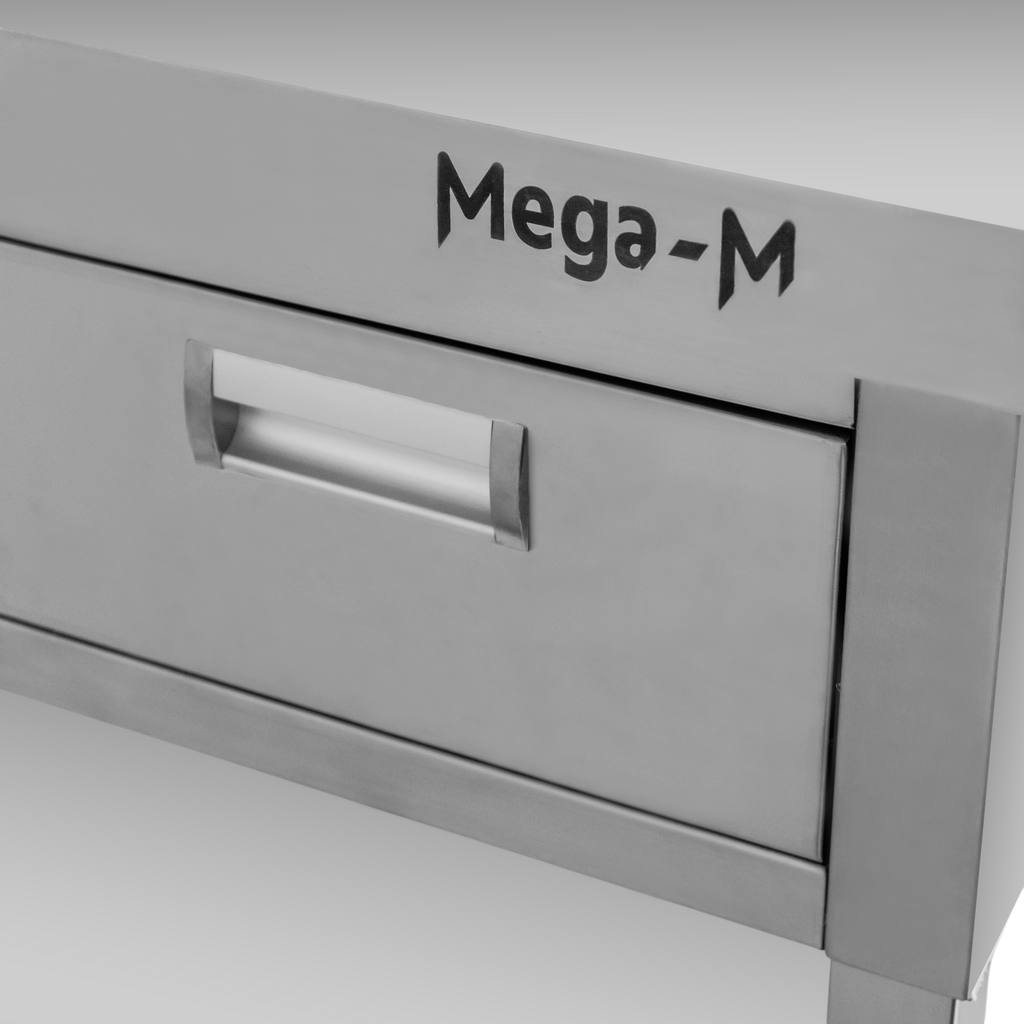 Mega-M tavolo inox 180x70x85 3 cassetti ripiano alzatina