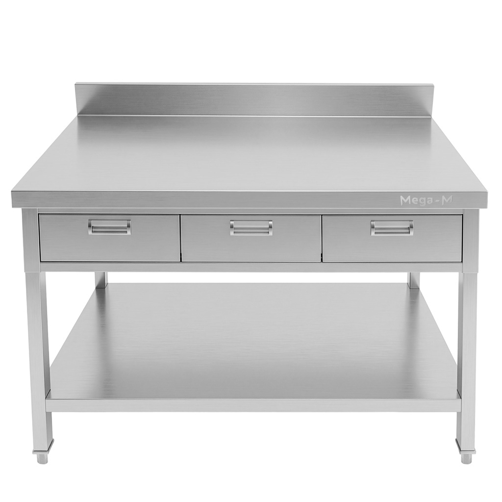 Mega-M X 120x60x85 Tavolo Inox a Parete con 3 Cassetti