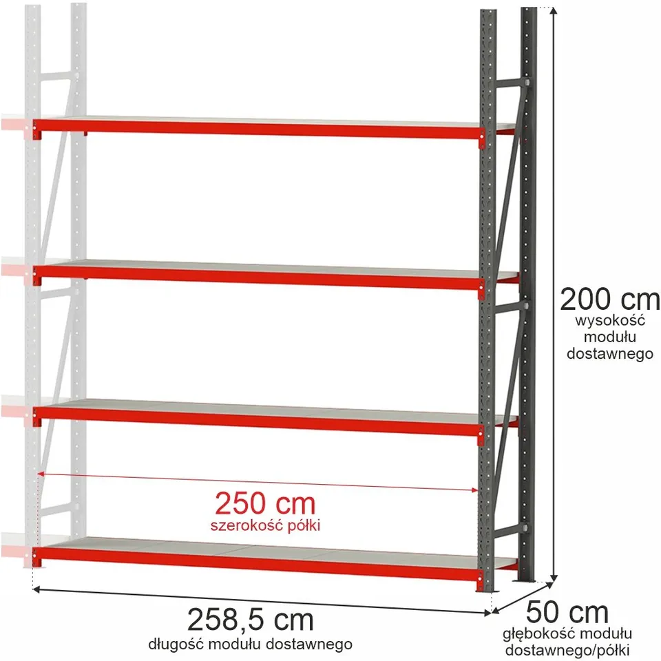 Mega-M Fortis H-200 L-258,5 P-50 scaffale metallo 4 ripiani aggiuntivo