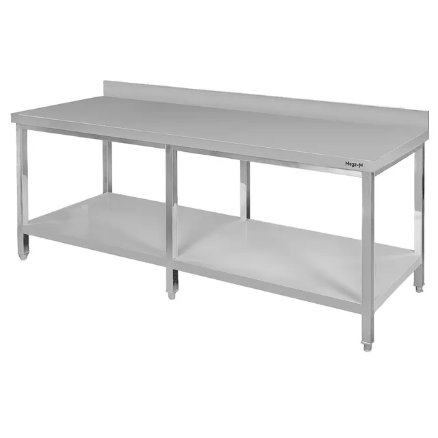 Mega-M 220x80x85 tavolo inox con alzatina e ripiano