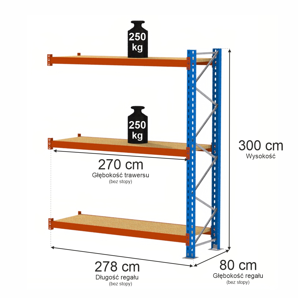 Mega-M XR Scaffale Magazzino 3 Ripiani 300x278x80 cm 250 kg Aggiuntivo