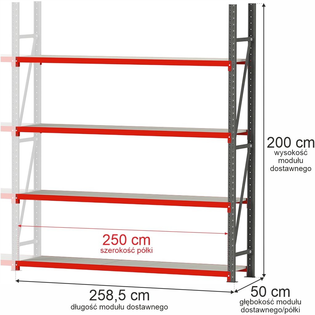 Mega-M Fortis H-200 L-258,5 P-50 scaffale metallo 4 ripiani aggiuntivo
