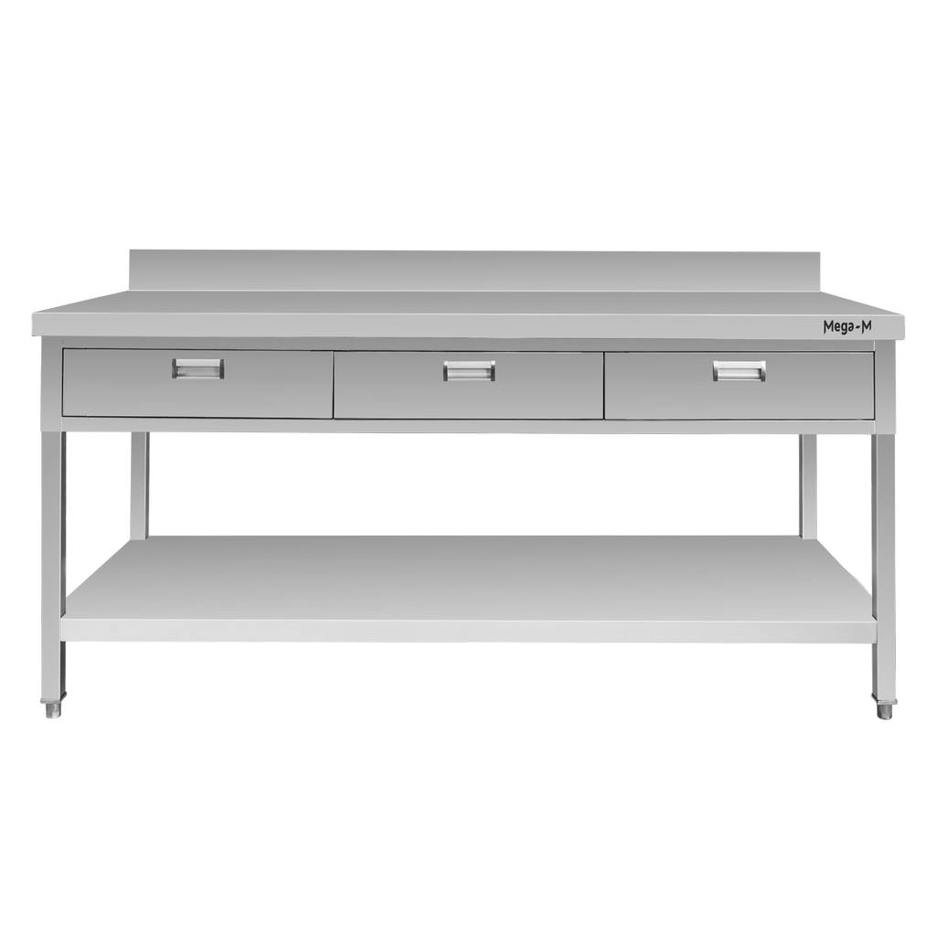 Mega-M tavolo inox 180x70x85 3 cassetti ripiano alzatina