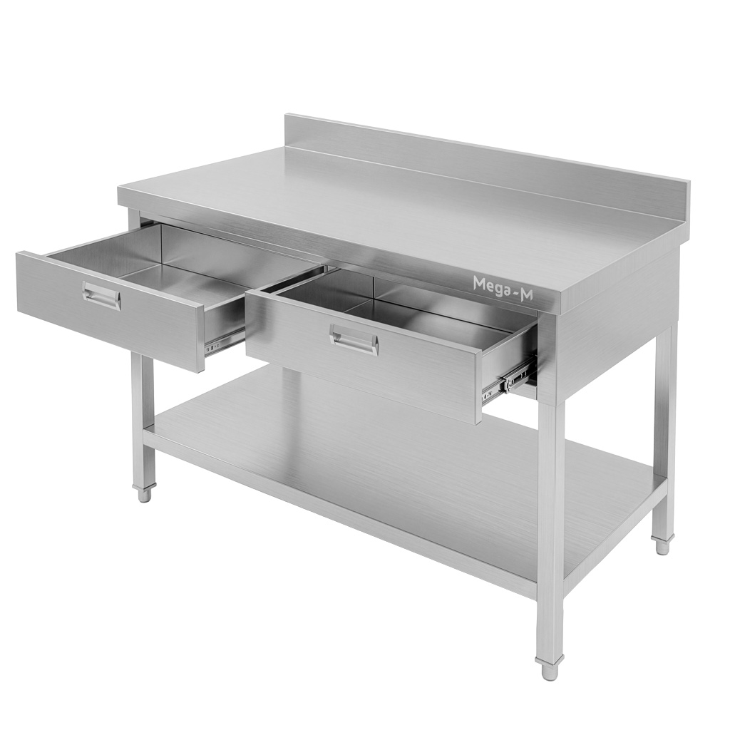 Mega-M X tavolo acciaio 120x60x85 parete 2 cassetti ripiano