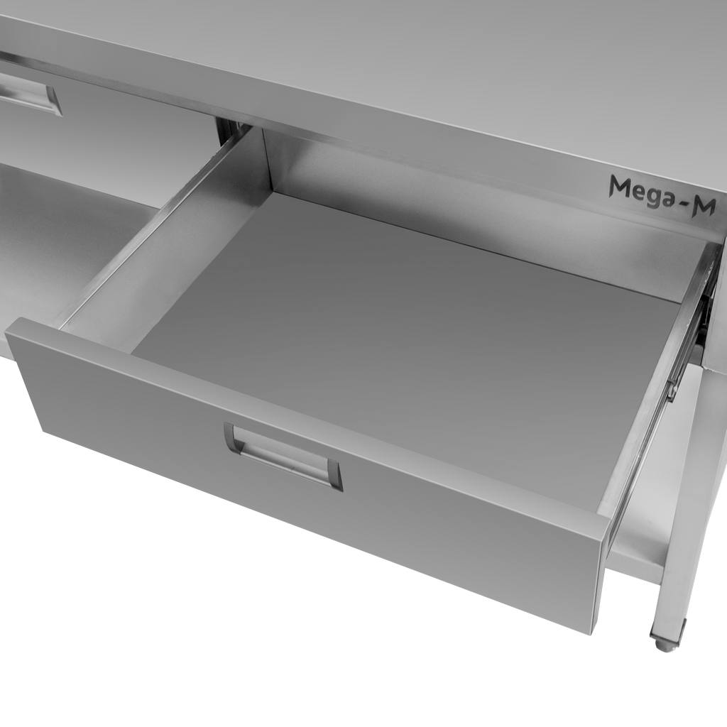 Mega-M tavolo inox a muro 150x70x85 cm con ripiano e 3 cassetti