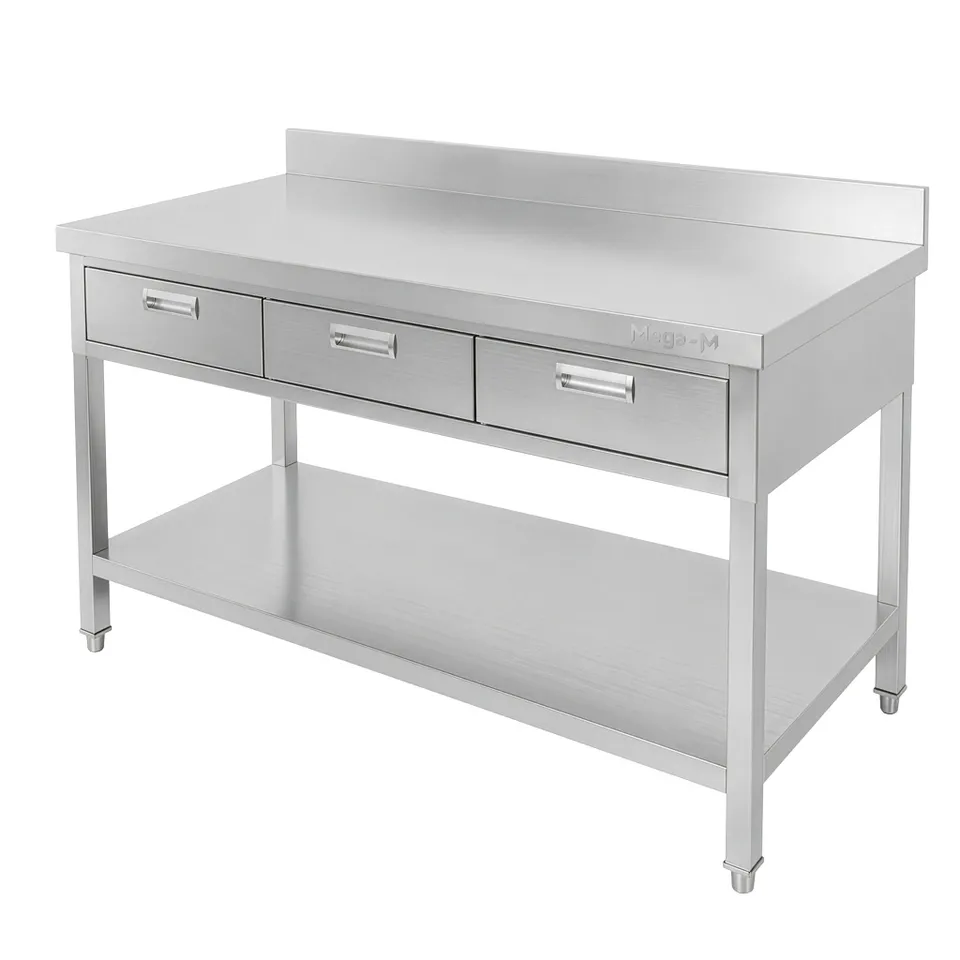 Mega-M X 120x70x85 tavolo inox parete 3 cassetti 1 ripiano