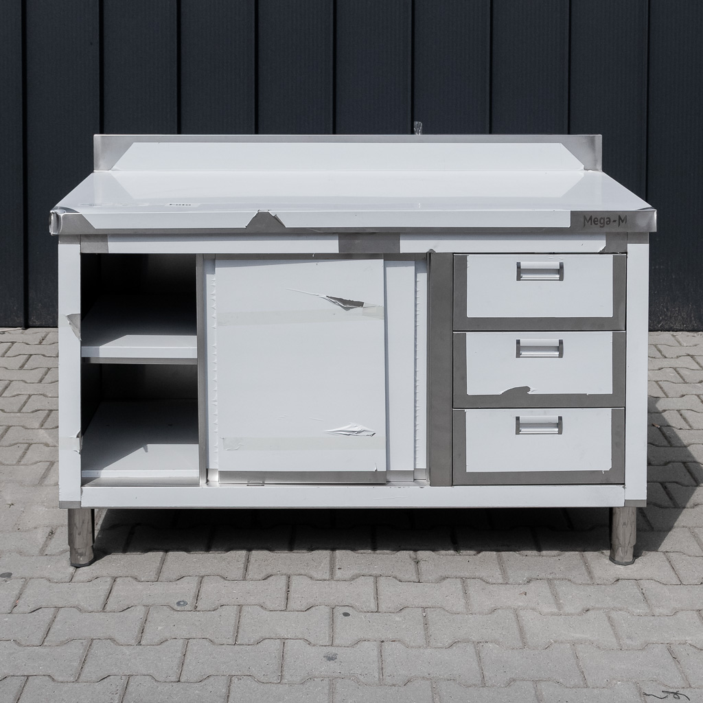 Mega-M tavolo inox 140x60x85 con armadio e 3 cassetti