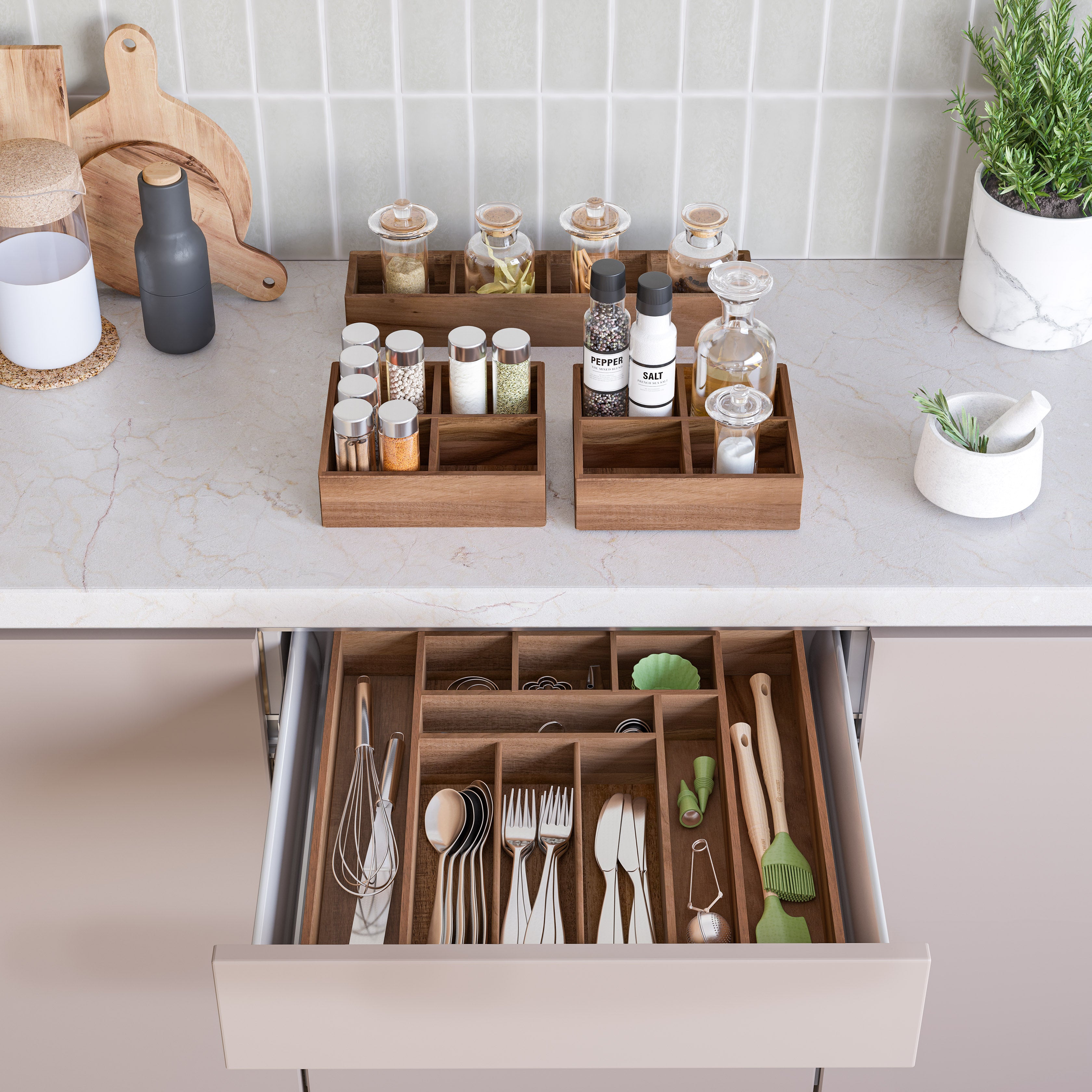 Seville Classics Organizer Cassetti Acacia 4 Pezzi Espandibile