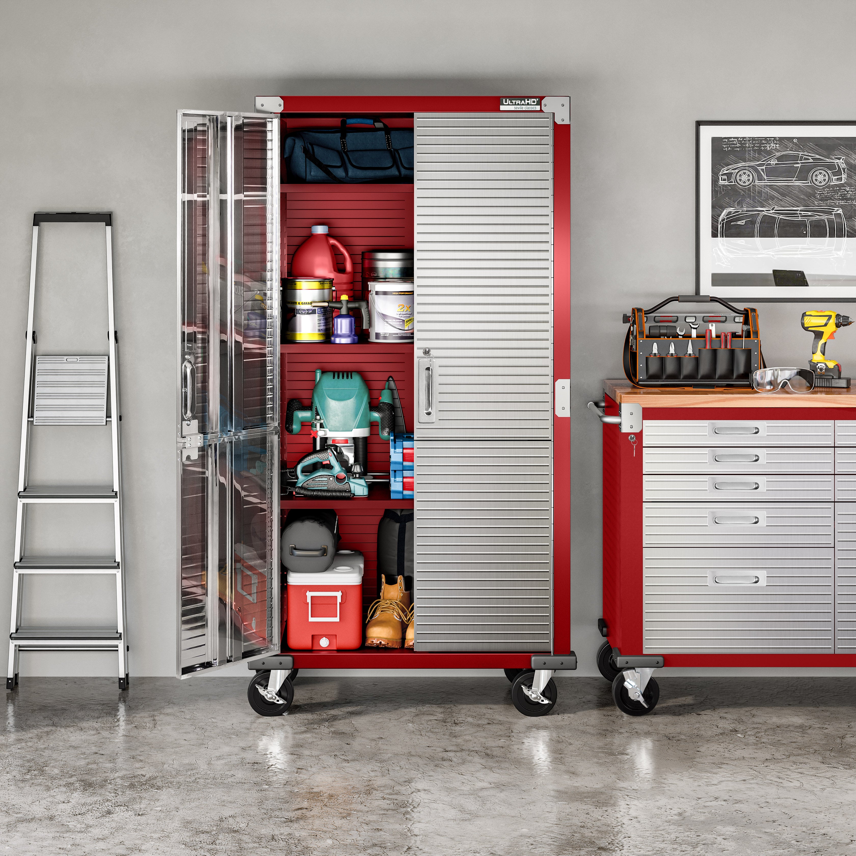 Seville Classics UltraHD armadio metallo rosso su ruote 600 lb