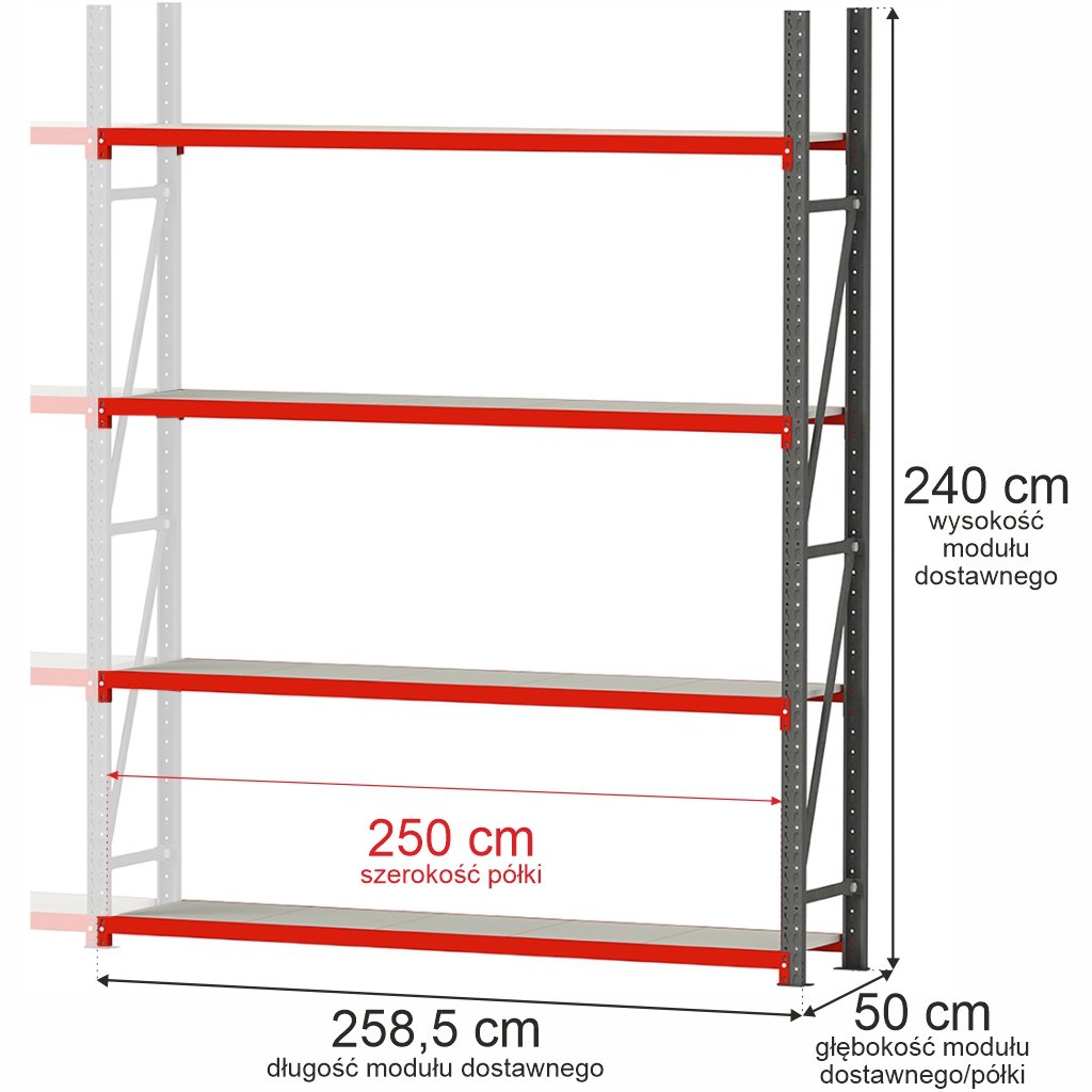 Mega-M Fortis Scaffale metallo 4 ripiani H240 L258,5 P50 agg.