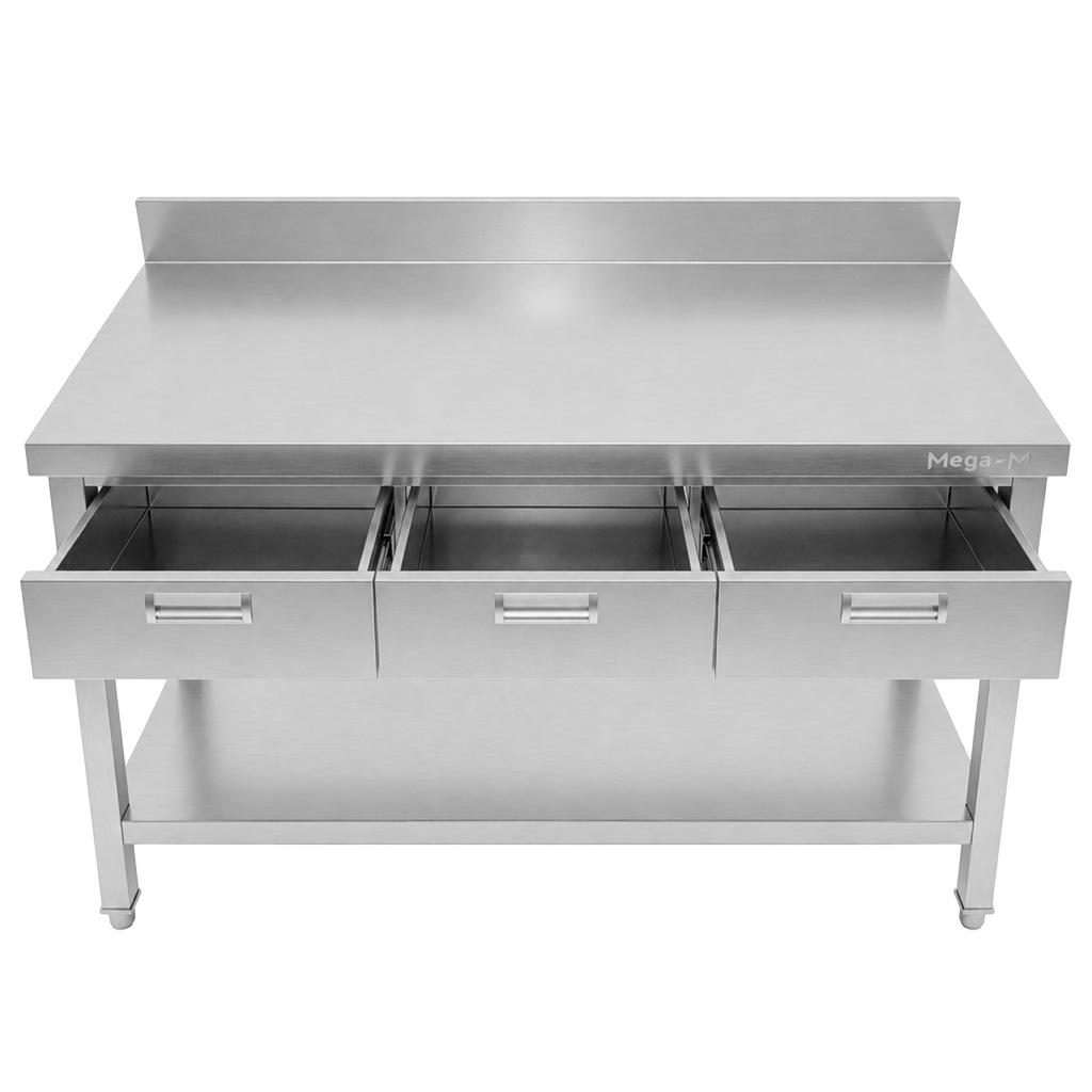 Mega-M X 120x70x85 tavolo inox parete 3 cassetti 1 ripiano