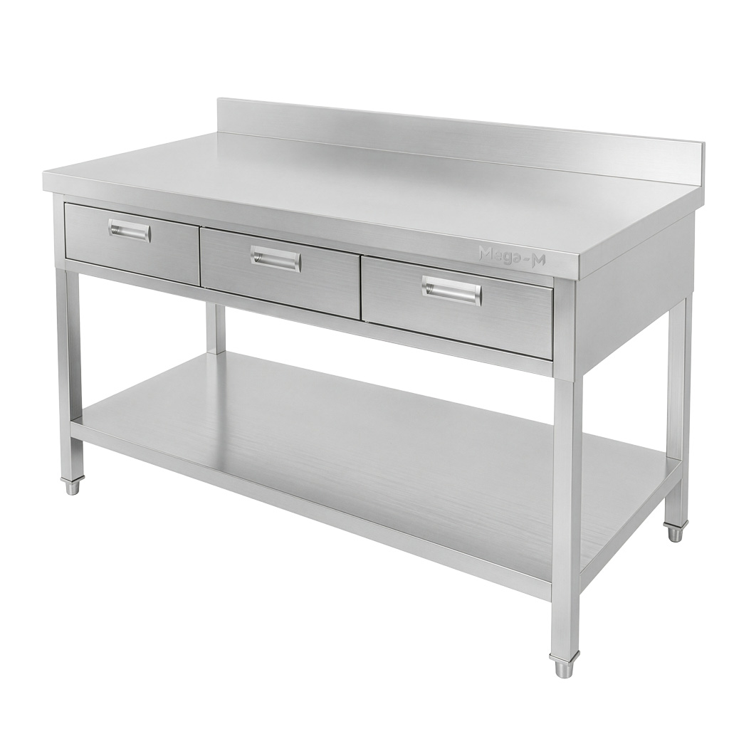 Mega-M X 120x70x85 tavolo inox parete 3 cassetti 1 ripiano